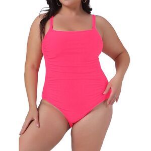 Plus Size Padded Athletic Tummy Control Ruched Swimwear Watermelon Red
